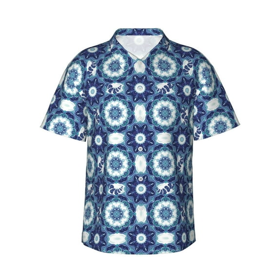Gukieu Vintage Blue Print Men's Short-sleeved Shirts, Button-down Lapel Hawaiian Shirts, T-shirts, Beach Vacation Summer Casual Wear,X-Large