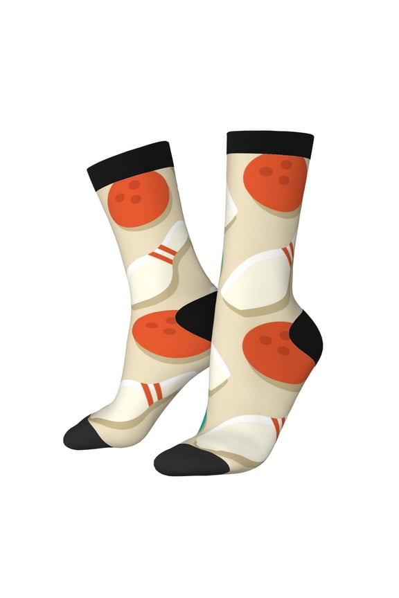 Vintage Bowling Print Contrast Color Mid-calf Socks, Sweat-wicking Athletic Socks, Unisex Clothing Accessories