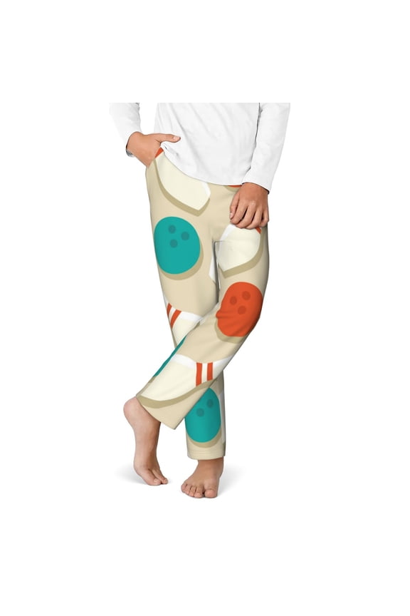 Vintage Bowling Print Youth Home Trousers, Elastic Waistband with Pockets for Home and Outing, Suitable for Children Aged 5-16-Large