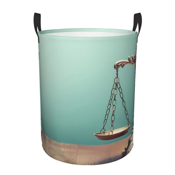 Gukieu Vintage Brass Balance Scale Print Round Dirty Clothes Bag, Waterproof Standing Home Bathroom Storage Basket Car Trunk Storage Bag-Small