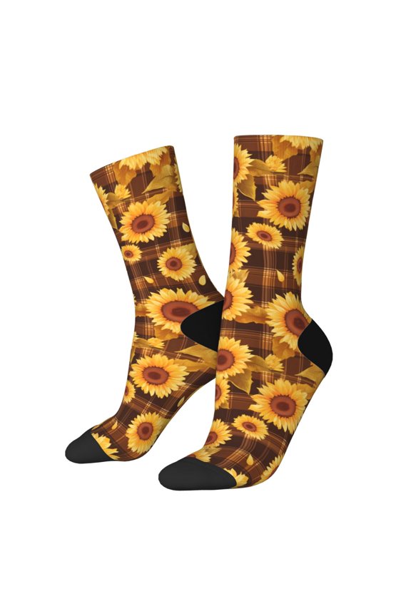 Vintage Brown Plaid Sunflower Print Contrast Color Mid-calf Socks, Sweat-wicking Athletic Socks, Unisex Clothing Accessories