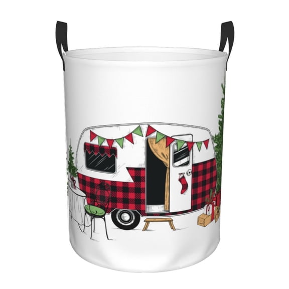 Gukieu Vintage Buffalo Plaid Christmas Camper Print Round Dirty Clothes Bag, Waterproof Standing Home Bathroom Storage Basket Car Trunk Storage Bag-