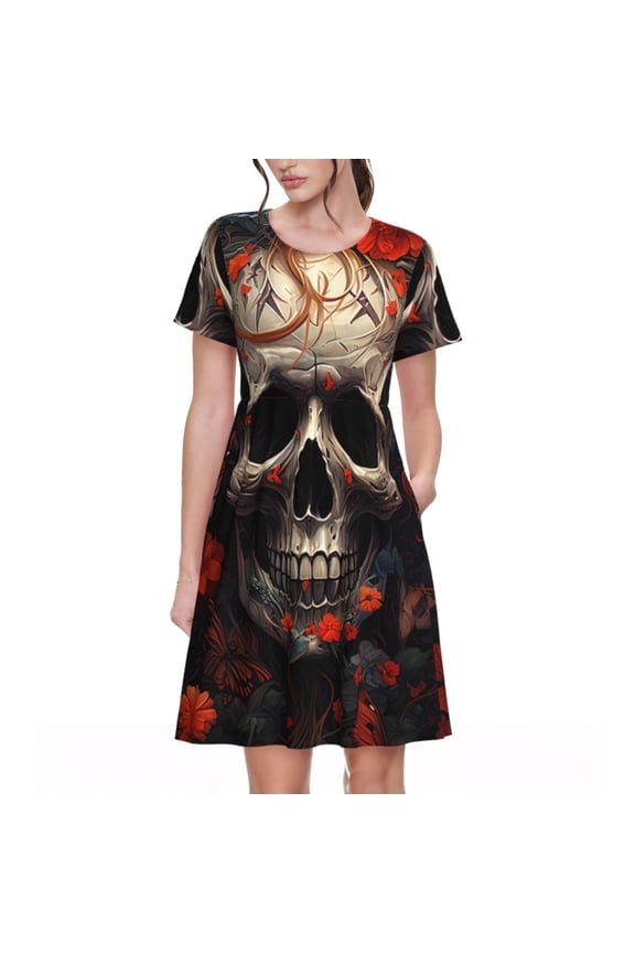 Vintage Butterfly Flower Skull Print Women's Short Sleeve Dress, Elastic Waistband A-line with Pockets Summer Dress, Suitable for Daily Leisure, Work, Vacation