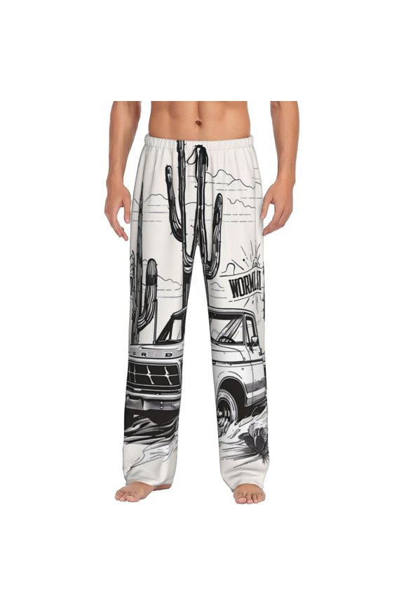 Vintage Cactus Pickup Print Men's Home Trousers, Elastic Drawstring Home Pajamas Clothing Suitable for Adult Men-Small