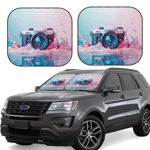 Gukieu Vintage Camera Splash Art Print Car Windshield Sun Visor, Foldable Anti-UV Car Sun Visor Suitable for Vans, Trucks Car Accessories-Small