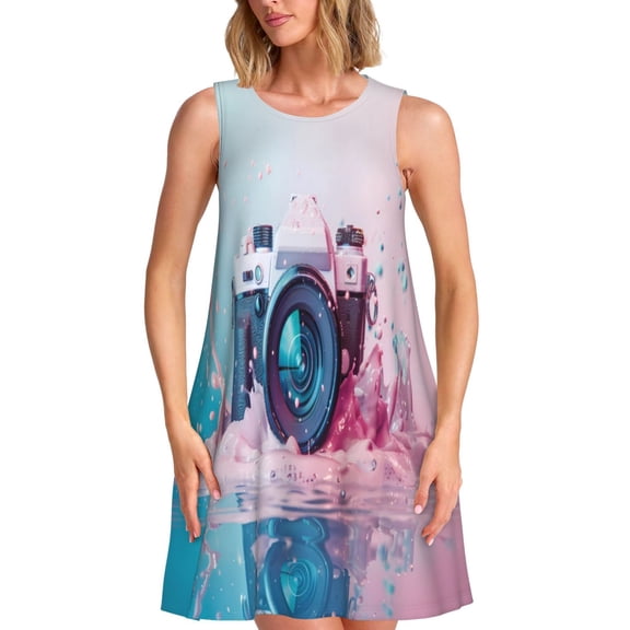 Gukieu Vintage Camera Splash Art Print Women's Sleeveless Dress, Pocket Round Neck Dress, Summer Dress Suitable for Vacation, Party, Travel