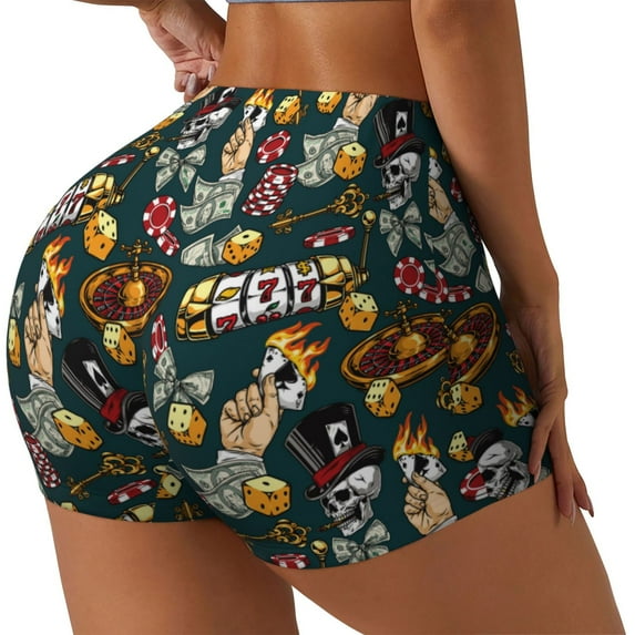 Gukieu Vintage Casino Chips Print Women's Sports Shorts, Elastic Waist High Stretch Running Yoga Gym Sweatpants-Medium
