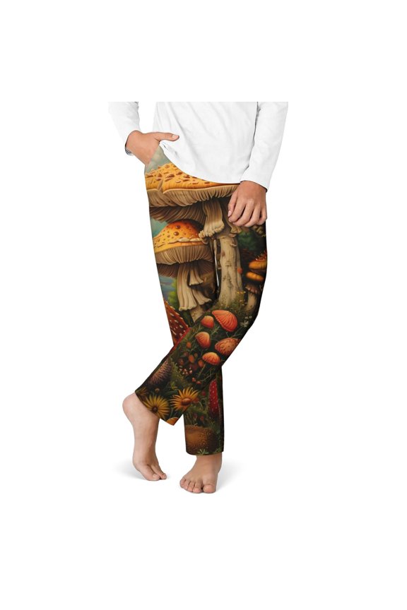 Vintage Cloud Mushroom Print Youth Home Trousers, Elastic Waistband with Pockets for Home and Outing, Suitable for Children Aged 5-16-XS(5-6)