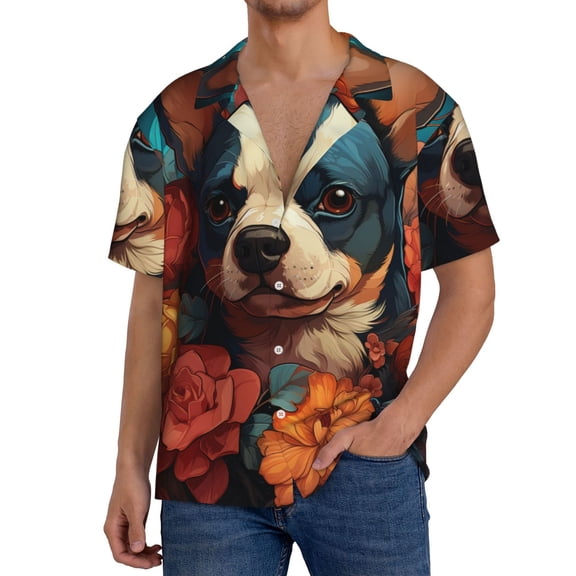 Gukieu Vintage Colorful Flower French Bulldog Print Men's Short-sleeved Shirts, Button-down Pocket Shirts, T-shirts, Beach Vacation Travel Summer Clothing-Medium