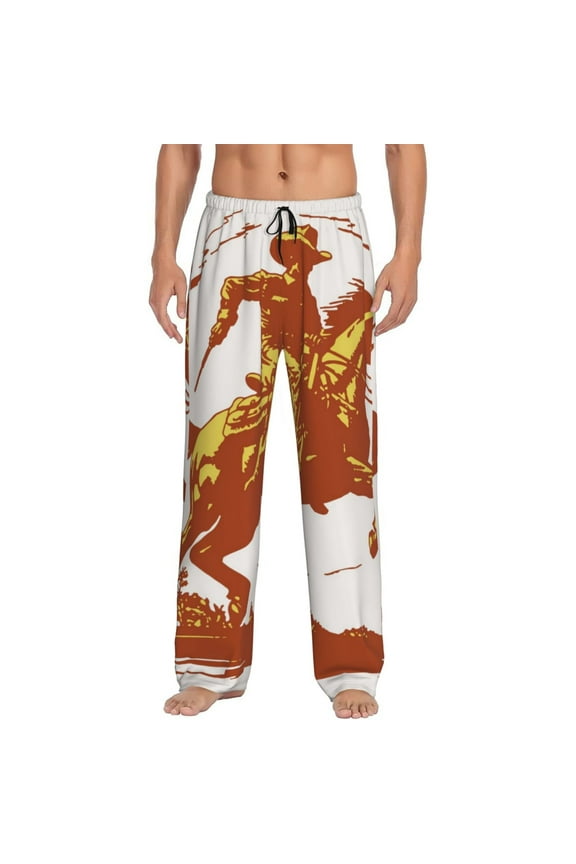 Vintage Cowboy On A Bronco Horse Print Men's Home Trousers, Elastic Drawstring Home Pajamas Clothing Suitable for Adult Men-Medium