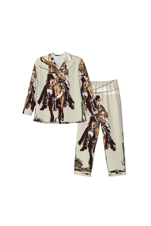 Vintage Cowboy Riding Horse Print Men's Long-sleeved Pajamas Set, Elastic Waist Pajamas Button-down Pajamas Two-piece Set, Suitable for Adult Male Home Wear-Large