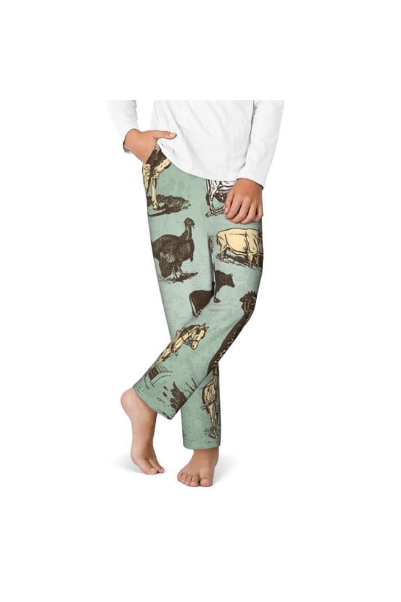 Vintage Farm Animals Print Youth Home Trousers, Elastic Waistband with Pockets for Home and Outing, Suitable for Children Aged 5-16-XS(5-6)
