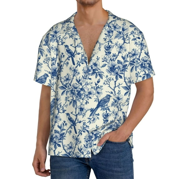 Gukieu Vintage Floral Birds Print Men's Short-sleeved Shirts, Button-down Pocket Shirts, T-shirts, Beach Vacation Travel Summer Clothing-X-Large