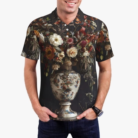 Gukieu Vintage Floral Vase A Print Men's Quick-drying POLO Shirt, Button-down Summer T-shirt, Suitable for Work and Outdoor Activities-Medium