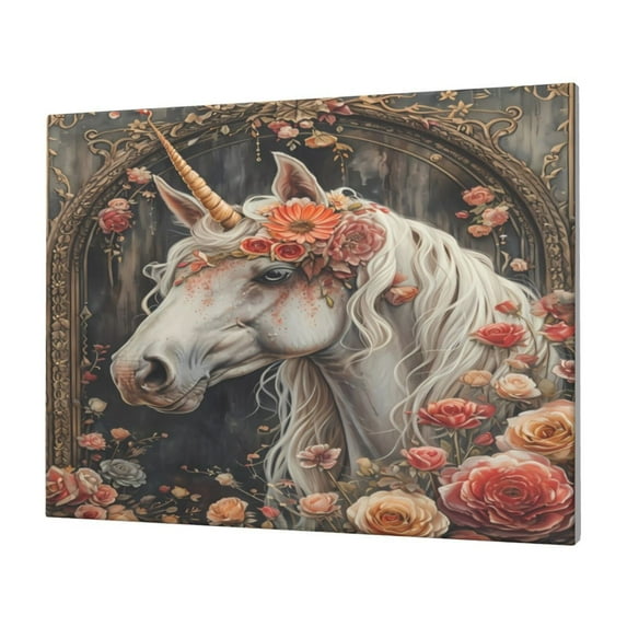 Gukieu Vintage Floral White Horse Print Horizontal Canvas Decorative Painting 12x16 Inch Shrinkage Resistant Frame Hanging Home Wall Art Decor
