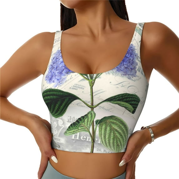 Gukieu Vintage Flower Print Women's Sports Vest, Low-neck U-shaped Removable Pad Sports Bra for Yoga, Exercise, Dance-XX-Large