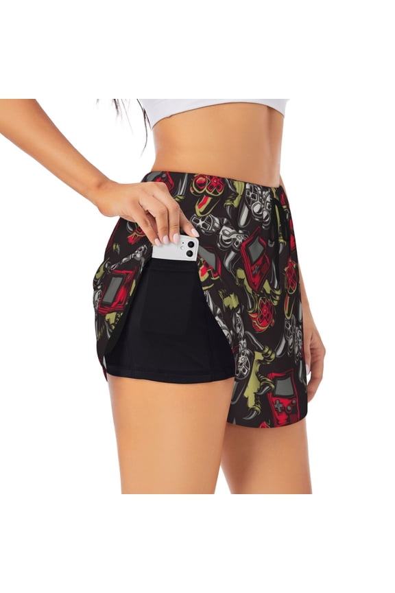 Vintage Gaming Print Women's Sports Shorts with Drawstring Elastic Waistband for Running, Yoga, Fitness-Large
