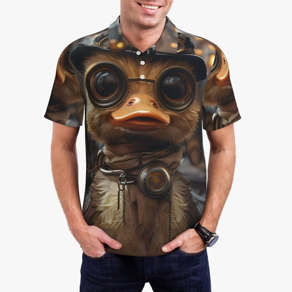 Gukieu Vintage Gentleman Duck Print Men's Quick-drying POLO Shirt, Button-down Summer T-shirt, Suitable for Work and Outdoor Activities-Small