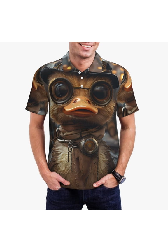 Vintage Gentleman Duck Print Men's Quick-drying POLO Shirt, Button-down Summer T-shirt, Suitable for Work and Outdoor Activities-Small