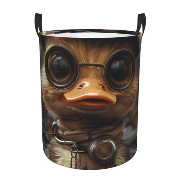 Gukieu Vintage Gentleman Duck Print Round Dirty Clothes Bag, Waterproof Standing Home Bathroom Storage Basket Car Trunk Storage Bag-Medium