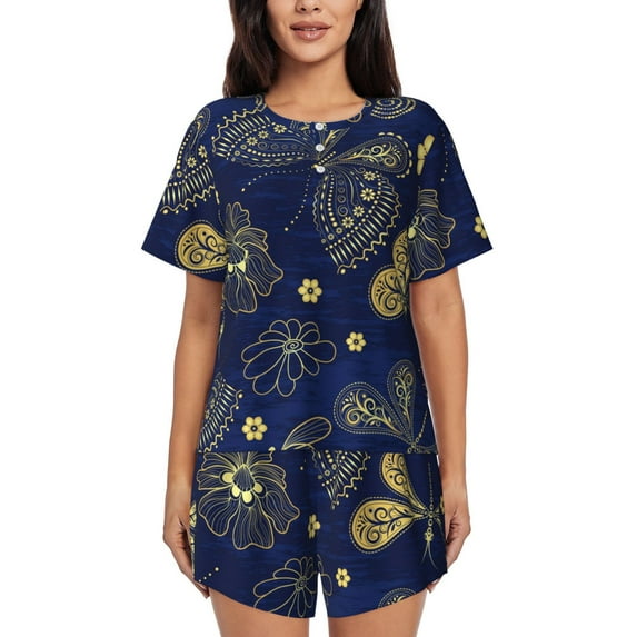 Gukieu Vintage Golden Butterfly Print Women's Short-sleeved Pajama Set, Round Neck Button Top Elastic Shorts 2-piece Set, Summer Home Leisure Clothing-Small