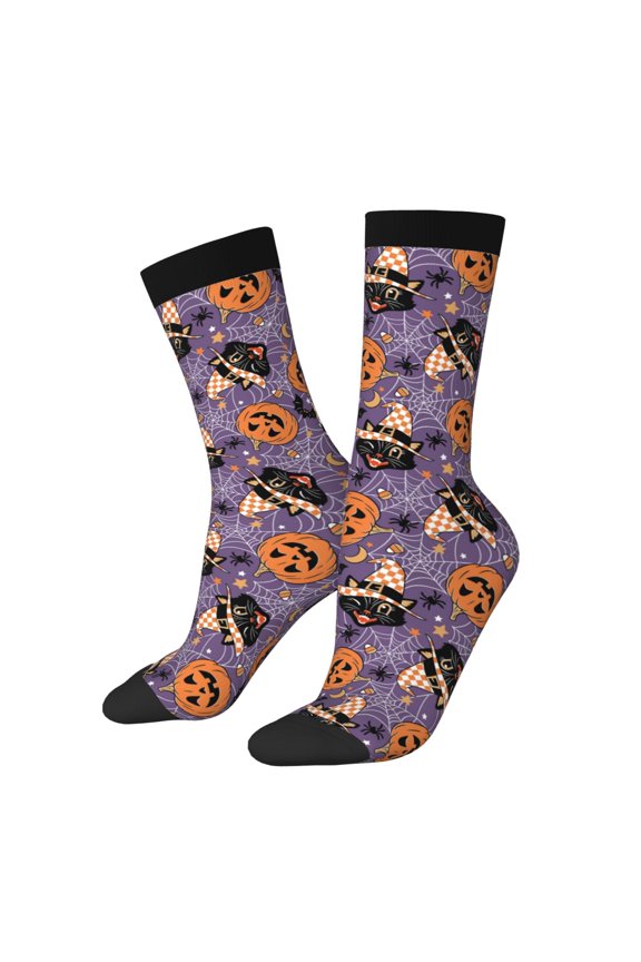 Vintage Halloween Black Cat Print Contrast Color Mid-calf Socks, Sweat-wicking Athletic Socks, Unisex Clothing Accessories