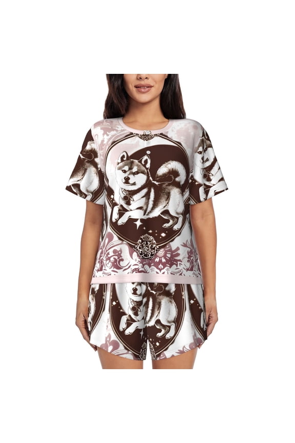 Vintage Husky Dog Print Women's Short-sleeved Pajama Set, Round Neck Button Top Elastic Shorts 2-piece Set, Summer Home Leisure Clothing-Medium