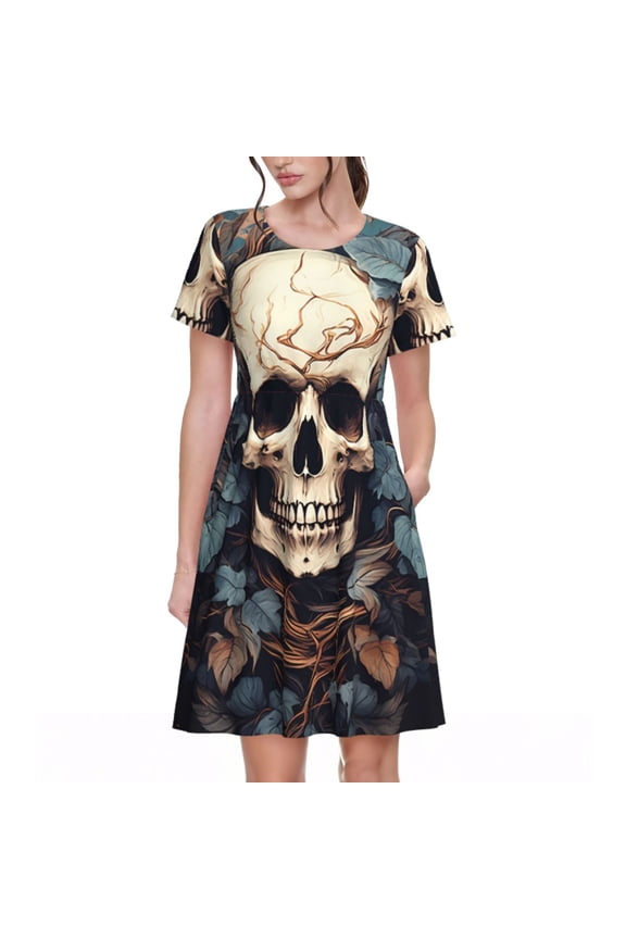Vintage Leaf Flower Skull Print Women's Short Sleeve Dress, Elastic Waistband A-line with Pockets Summer Dress, Suitable for Daily Leisure, Work, Vacation