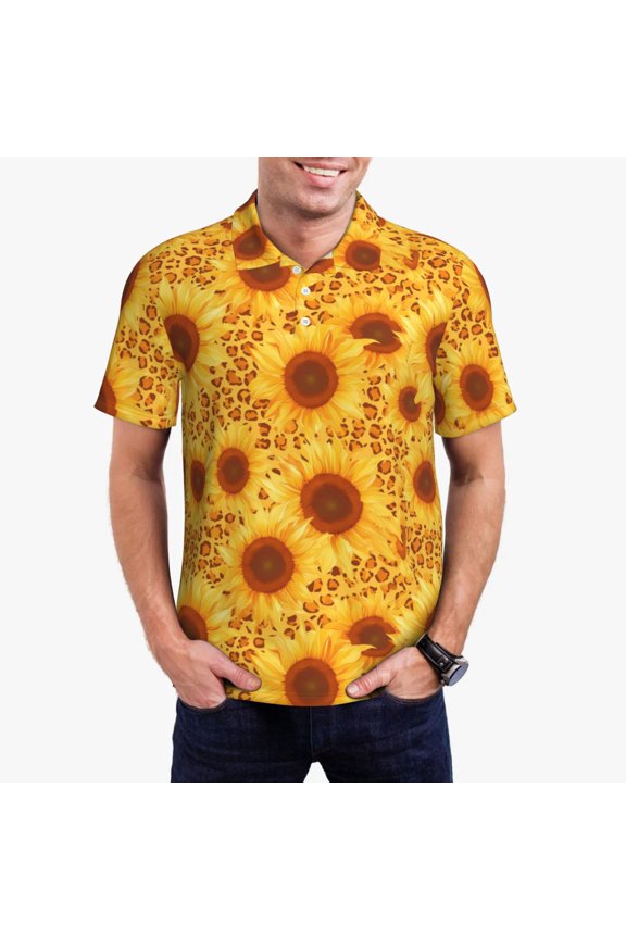 Vintage Leopard Print Sunflower Print Men's Quick-drying POLO Shirt, Button-down Summer T-shirt, Suitable for Work and Outdoor Activities-3X-Large