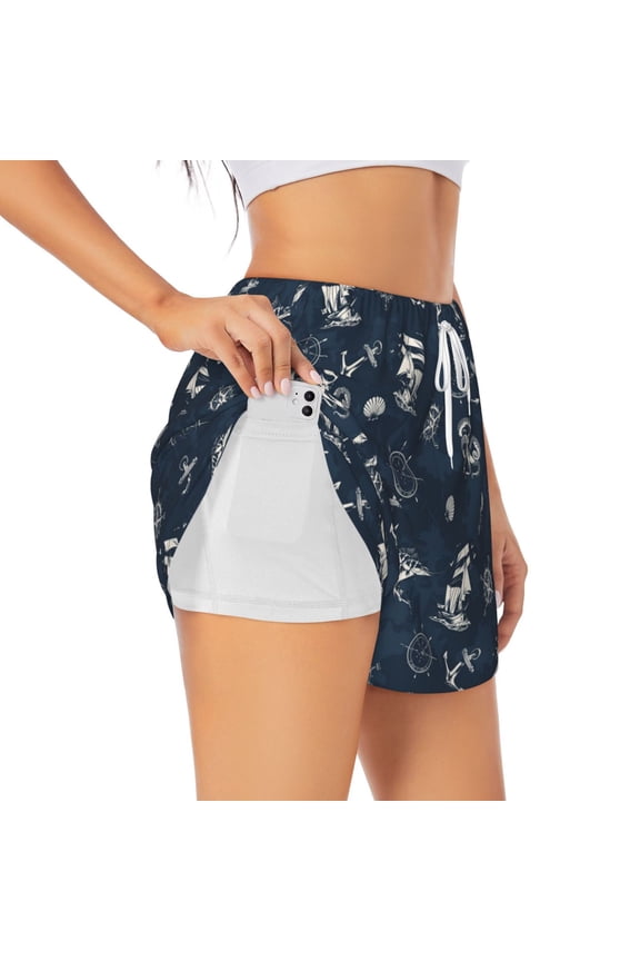 Vintage Marine Print Women's Sports Shorts with Drawstring Elastic Waistband for Running, Yoga, Fitness-Small