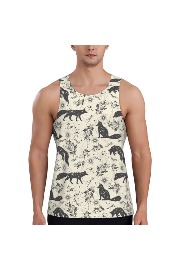 Vintage Moon Fox Print Men's Quick Dry Fitness Vest, Round Neck Sleeveless Fitness Bodybuilding Top-Large