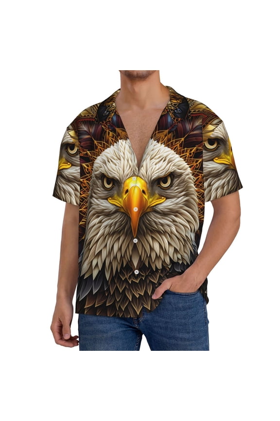 Vintage Pattern Bald Eagle Print Men's Short-sleeved Shirts, Button-down Pocket Shirts, T-shirts, Beach Vacation Travel Summer Clothing-Large