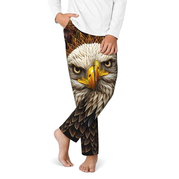 Gukieu Vintage Pattern Bald Eagle Print Youth Home Trousers, Elastic Waistband with Pockets for Home and Outing, Suitable for Children Aged 5-16-Small