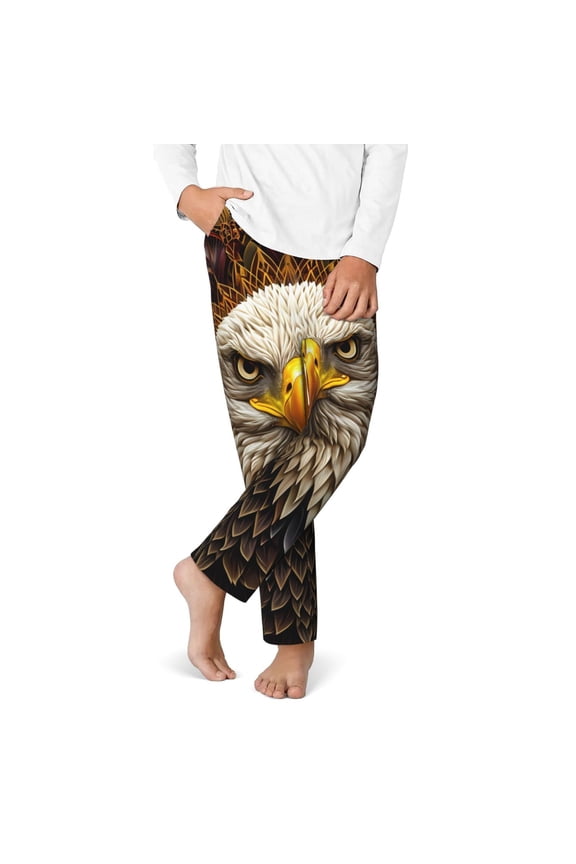 Vintage Pattern Bald Eagle Print Youth Home Trousers, Elastic Waistband with Pockets for Home and Outing, Suitable for Children Aged 5-16-Small