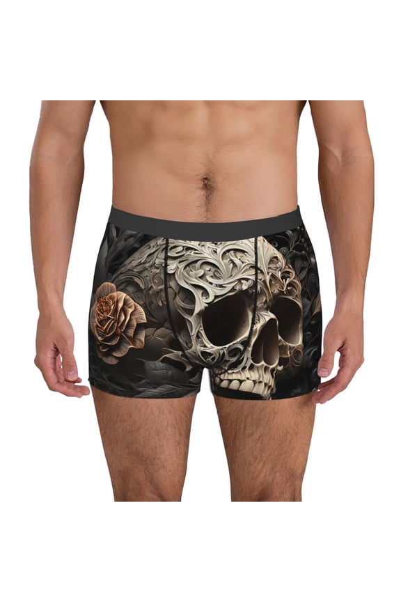 Vintage Pattern Flower Skull Print Men's Boxer Briefs, High Elastic Moisture Wicking Boxer Briefs Underwear-Medium