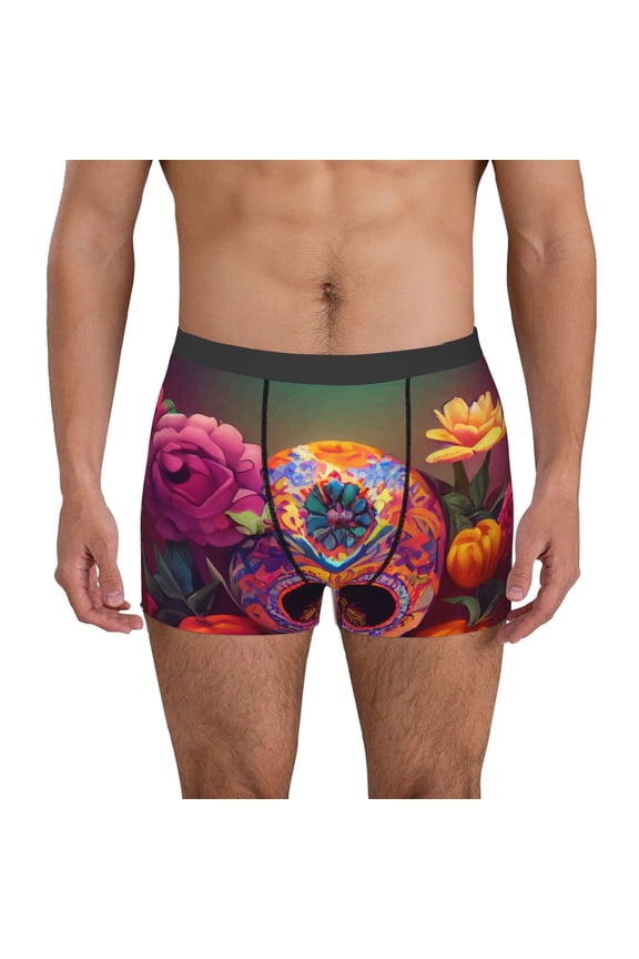 Vintage Patterned Skull Print Men's Boxer Briefs, High Elastic Moisture Wicking Boxer Briefs Underwear-X-Large