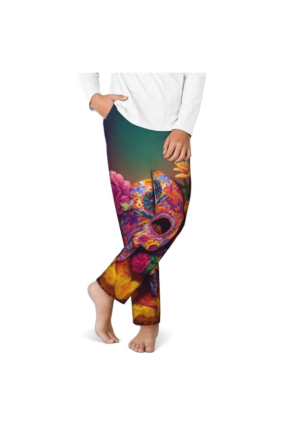 Vintage Patterned Skull Print Youth Home Trousers, Elastic Waistband with Pockets for Home and Outing, Suitable for Children Aged 5-16-Medium