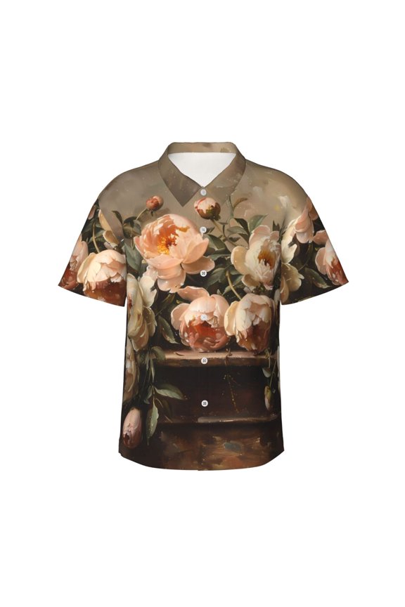 Vintage Peonies Rustic Charm Print Men's Short-sleeved Shirts, Button-down Lapel Hawaiian Shirts, T-shirts, Beach Vacation Summer Casual Wear,Small
