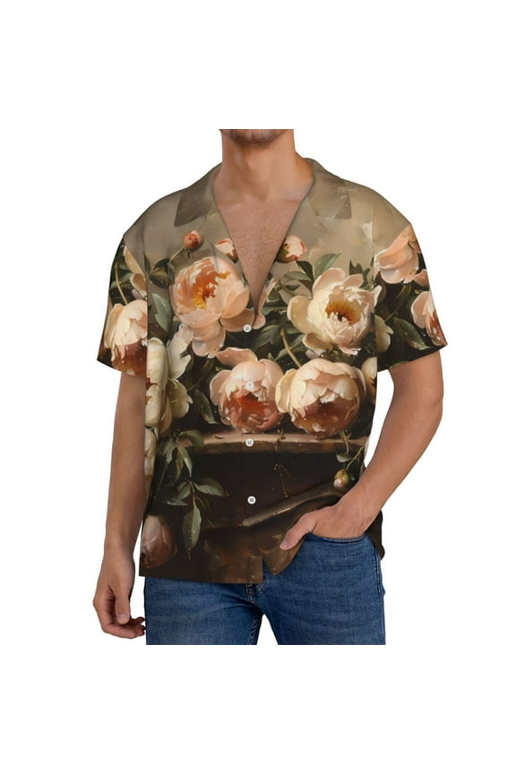 Vintage Peonies Rustic Charm Print Men's Short-sleeved Shirts, Button-down Pocket Shirts, T-shirts, Beach Vacation Travel Summer Clothing-Small