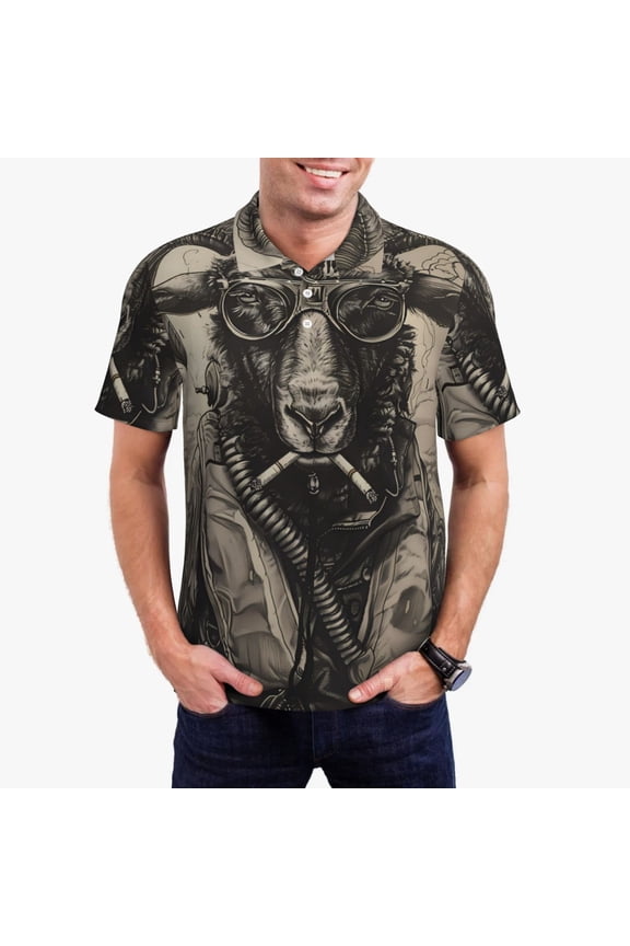 Vintage Ram Pilot Print Men's Quick-drying POLO Shirt, Button-down Summer T-shirt, Suitable for Work and Outdoor Activities-Large