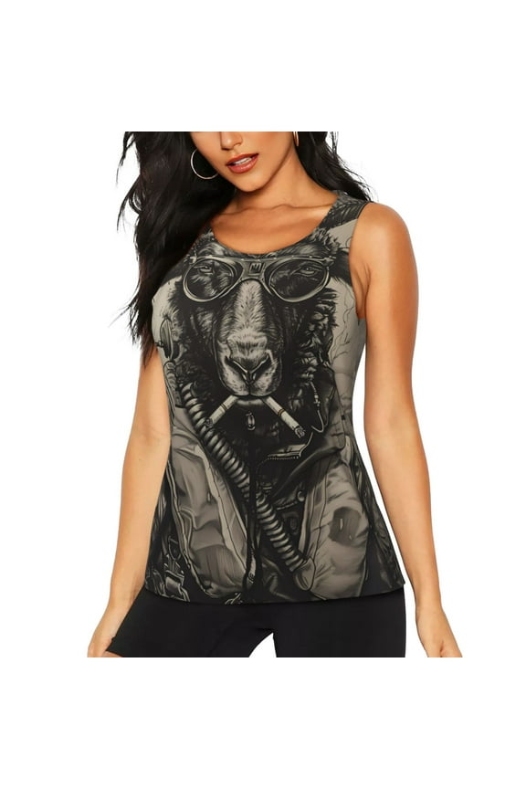 Vintage Ram Pilot Print Women's Quick-drying Fitness Vest, Round Neck Sleeveless Fitness T-shirt, Suitable for Yoga, Sports-Large
