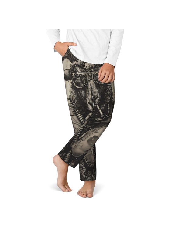 Vintage Ram Pilot Print Youth Home Trousers, Elastic Waistband with Pockets for Home and Outing, Suitable for Children Aged 5-16-Medium