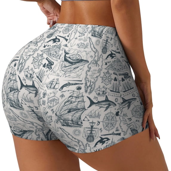 Gukieu Vintage Sailboats Print Women's Sports Shorts, Elastic Waist High Stretch Running Yoga Gym Sweatpants-Medium