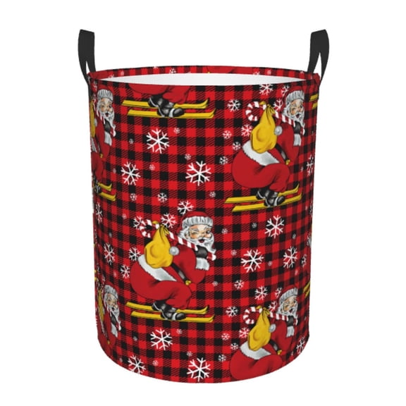 Gukieu Vintage Santa Skiing Red Plaid Print Round Dirty Clothes Bag, Waterproof Standing Home Bathroom Storage Basket Car Trunk Storage Bag-Small