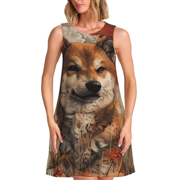 Gukieu Vintage Shiba Inu Art Print Women's Sleeveless Dress, Pocket Round Neck Dress, Summer Dress Suitable for Vacation, Party, Travel