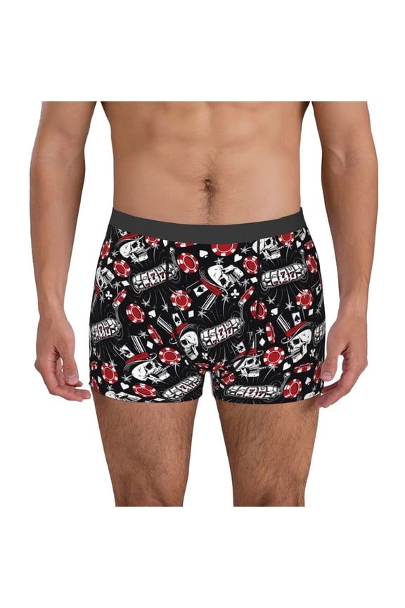 Vintage Skull Casino Print Men's Boxer Briefs, High Elastic Moisture Wicking Boxer Briefs Underwear-Large