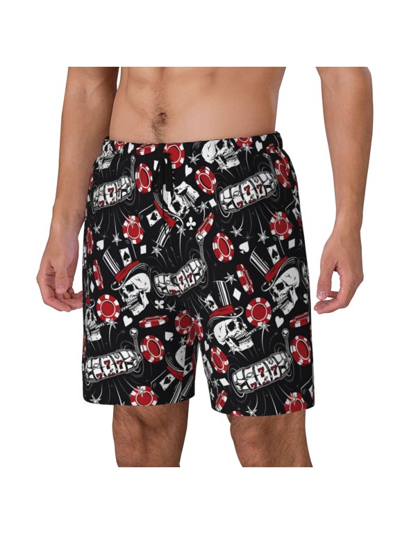 Vintage Skull Casino Print Men's Double Layer Sports Swim Trunks, Quick Dry Adjustable Waist Swim Shorts Swimwear-Medium