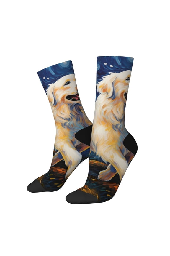 Vintage Starry Sky Labrador Print Contrast Color Mid-calf Socks, Sweat-wicking Athletic Socks, Unisex Clothing Accessories