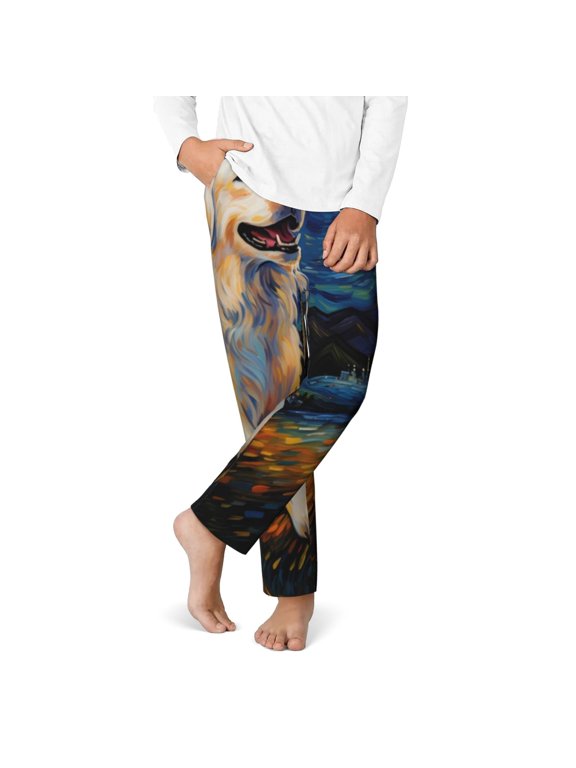 Vintage Starry Sky Labrador A Print Youth Home Trousers, Elastic Waistband with Pockets for Home and Outing, Suitable for Children Aged 5-16-Large