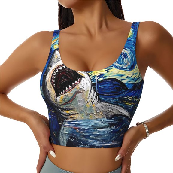 Gukieu Vintage Starry Sky Shark Print Women's Sports Vest, Low-neck U-shaped Removable Pad Sports Bra for Yoga, Exercise, Dance-Medium